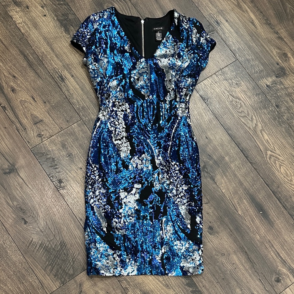 VINTAGE Cache sequin Bodycon dress blue black & silver Size XS